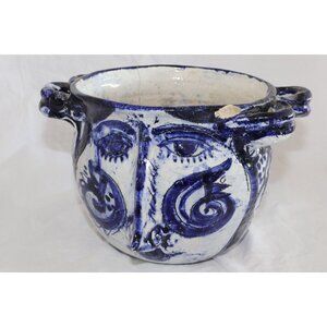 Vtg 1975 Early Sue Bolt Pottery Ceramic Blue & White Abstract Double Face Vase